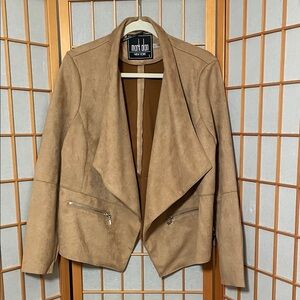 Mark Alan New York Faux Suede Drape Front Tan Jacket Size L Zipper Pocket Detail